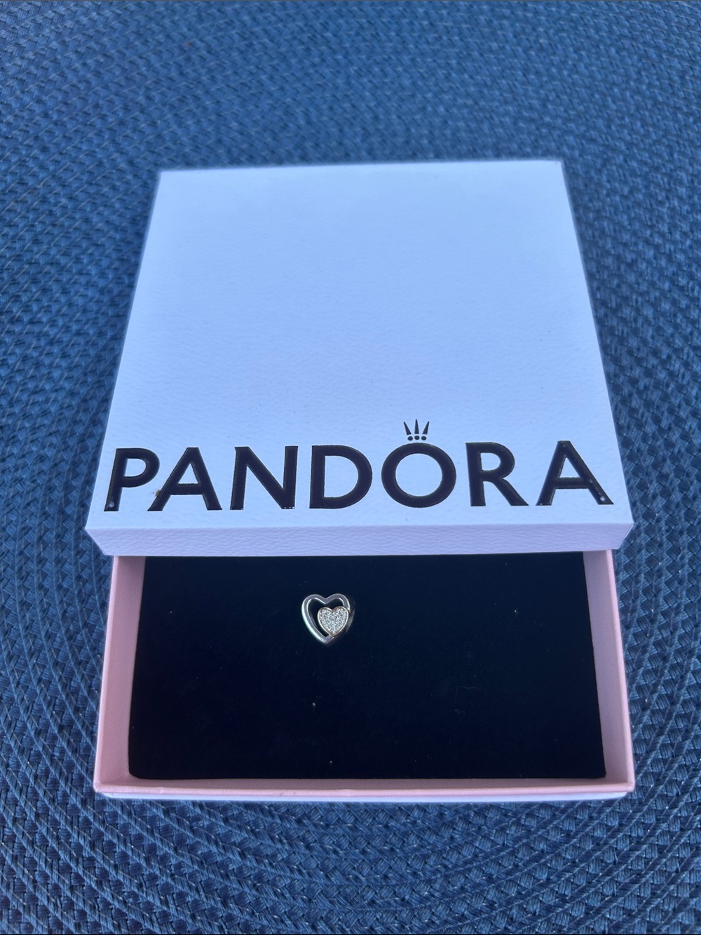 Pandora Silver Heart Charm with Clear Pavé in Pink Box